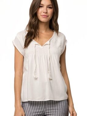 Roxy Cream Smocked Tie-Front Blouse